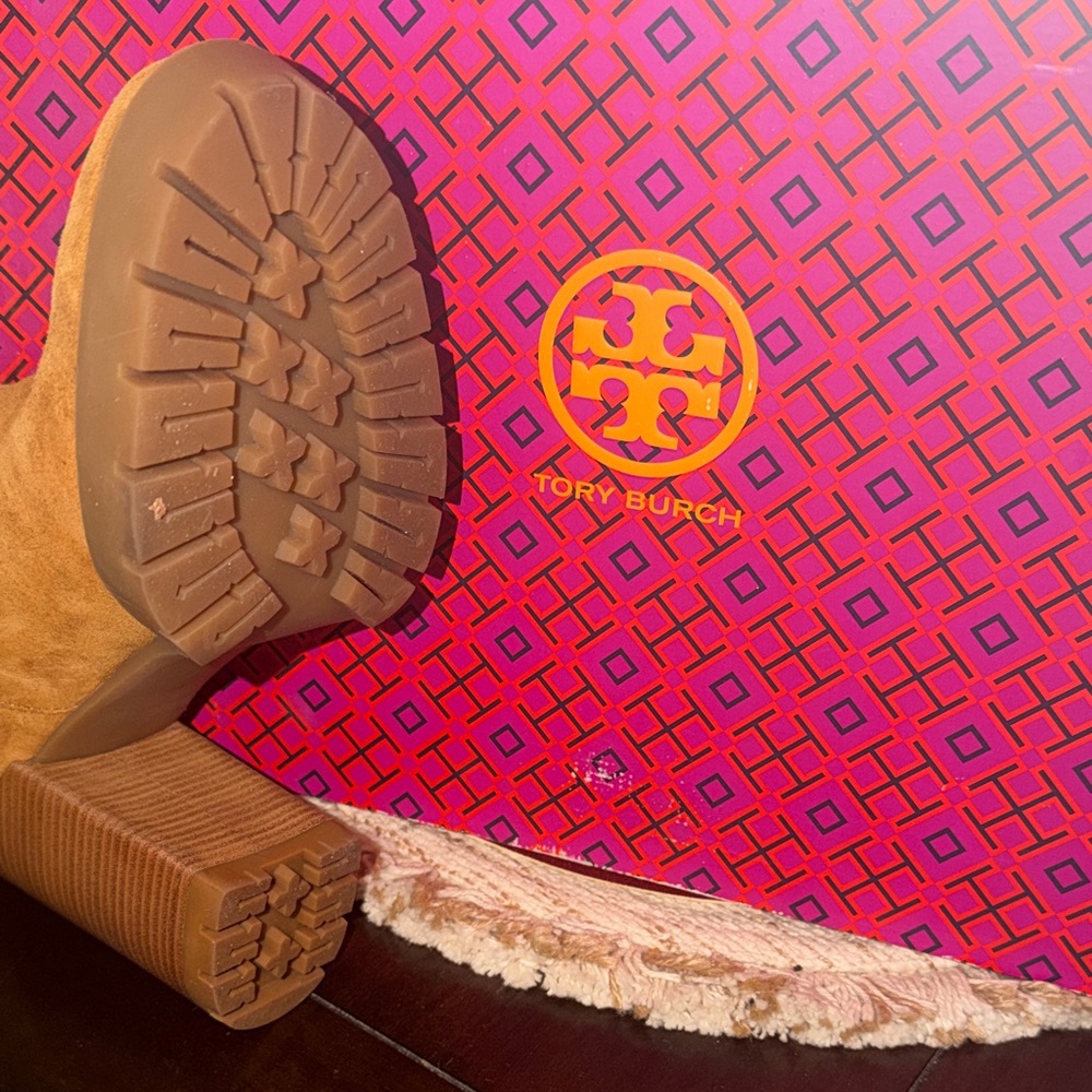 Tory Burch Chestnut Suede Platform Chelsea Booties with Stacked Heel - Picture 2 of 9